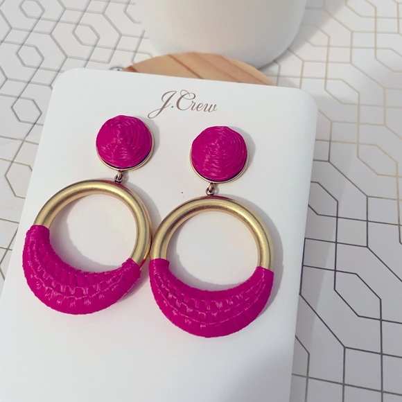 JCREW Faux- Raffia Wrapped Hoop Earrings NWT Vivid Begonia - Picture 2 of 7